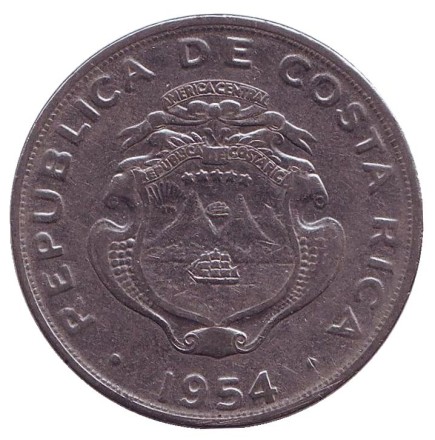 Монета 2 колона. 1954 год, Коста-Рика.