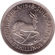 Монета 5 шиллингов. 1948 год, ЮАР. Антилопа. Состояние - XF. Монета 5 шиллингов. 1948 год, ЮАР. Антилопа. Состояние - XF.
