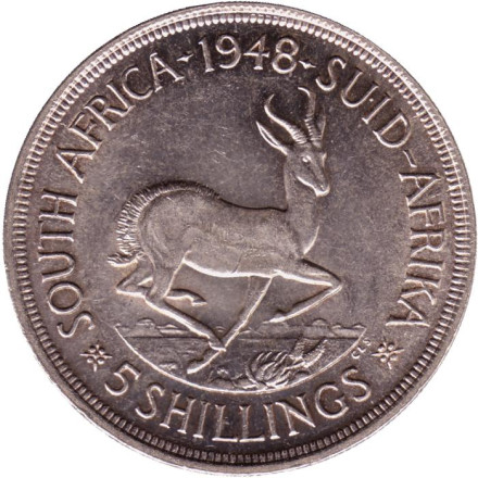 Монета 5 шиллингов. 1948 год, ЮАР. Антилопа. Состояние - XF.