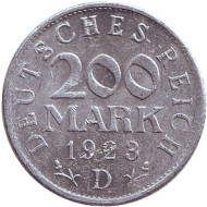 Монета 200 марок. 1923 год (D), Веймарская Республика. Монета 200 марок. 1923 год (D), Веймарская Республика.
