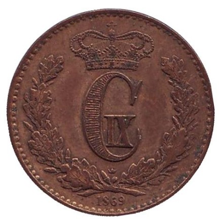 Монета 1 скиллинг-ригсмёнт. 1869 год, Дания. Кристиан IX.