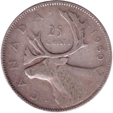 Монета 25 центов. 1950 год, Канада. Канадский олень (Карибу).