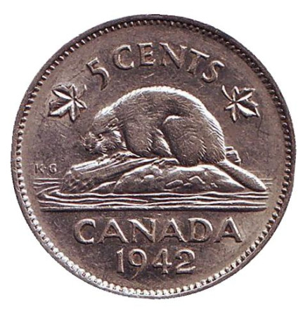 Монета 5 центов. 1942 год, Канада. Старый тип. Бобр.