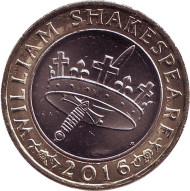 Монета 2 фунта. 2016 год, Великобритания. 400 лет со дня смерти Уильяма Шекспира. История. Монета 2 фунта. 2016 год, Великобритания. 400 лет со дня смерти Уильяма Шекспира. История.