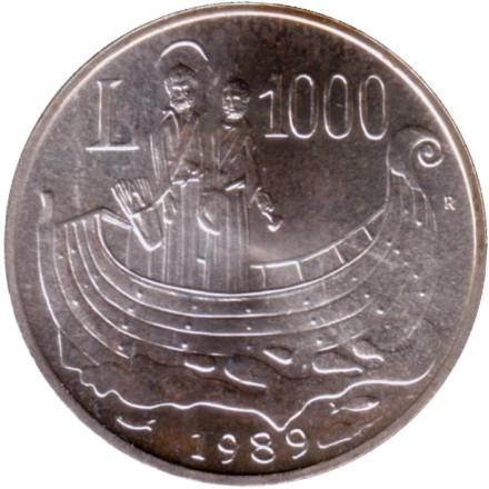 Монета 1000 лир. 1989 год, Сан-Марино. Шестнадцать веков истории.