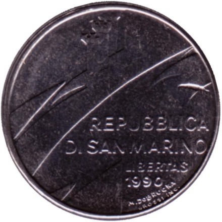 Монета 50 лир. 1990 год, Сан-Марино. Демократия.