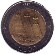 Монета 500 лир. 1987 год, Сан-Марино. 15 лет с момента возобновления чеканки. Монета 500 лир. 1987 год, Сан-Марино. 15 лет с момента возобновления чеканки.