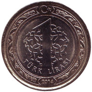 Монета 1 лира. 2014 год, Турция. UNC. Монета 1 лира. 2014 год, Турция. UNC.