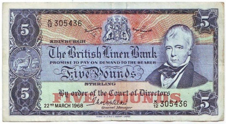 Банкнота 5 фунтов. 1968 год, Шотландия.