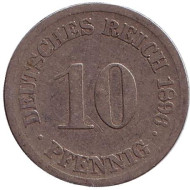 Монета 10 пфеннигов. 1896 год (F), Германская империя. Монета 10 пфеннигов. 1896 год (F), Германская империя.