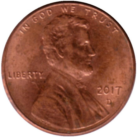 Монета 1 цент. 2017 год (D), США. Линкольн.