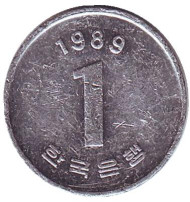 Монета 1 вона. 1989 год, Южная Корея.
