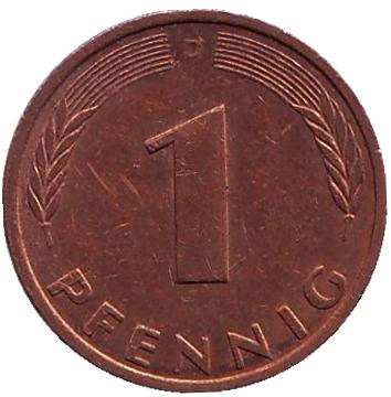 Монета 1 пфенниг. 1992 год (D), ФРГ. Дубовые листья.