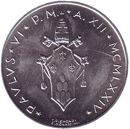 Монета 5 лир. 1974 год, Ватикан. Пеликан. Монета 5 лир. 1974 год, Ватикан. Пеликан.