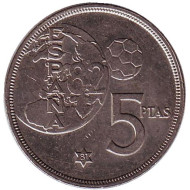 Монета 5 песет. 1980 год, Испания. Чемпионат мира по футболу 1982. (81 внутри звезды). Монета 5 песет. 1980 год, Испания. Чемпионат мира по футболу 1982. (81 внутри звезды).