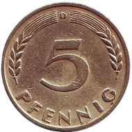 Монета 5 пфеннигов. 1949 год (D), ФРГ. Дубовые листья. Монета 5 пфеннигов. 1949 год (D), ФРГ. Дубовые листья.