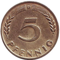 Дубовые листья. Монета 5 пфеннигов. 1949 год (D), ФРГ. 
