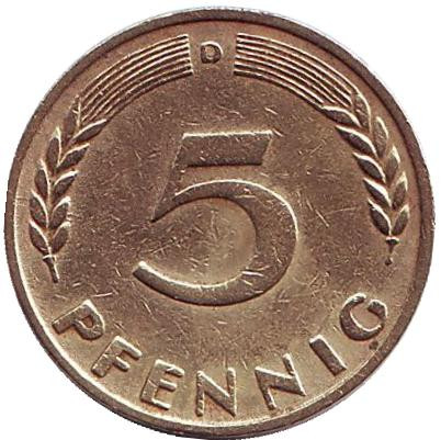 Монета 5 пфеннигов. 1949 год (D), ФРГ. Дубовые листья.