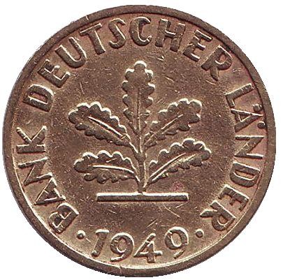 Монета 5 пфеннигов. 1949 год (D), ФРГ. Дубовые листья. Монета 5 пфеннигов. 1949 год (D), ФРГ. Дубовые листья.