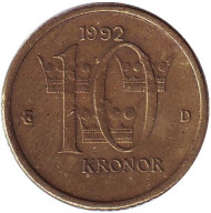 Монета 10 крон, 1992 год, Швеция. Монета 10 крон, 1992 год, Швеция.