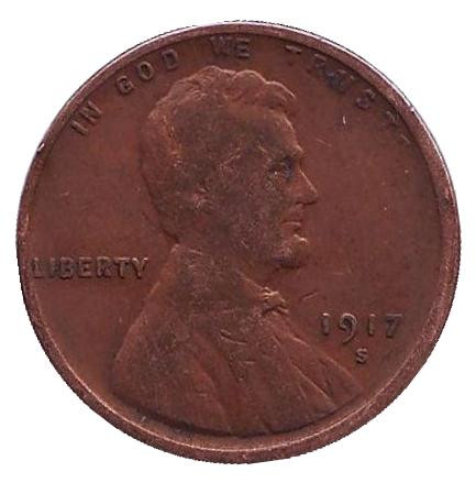 Монета 1 цент. 1917 год (S), США. Линкольн.