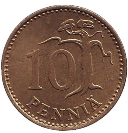 Монета 10 пенни. 1980 год, Финляндия.