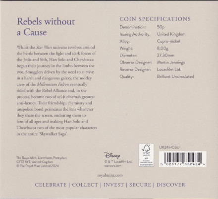 Монета 50 пенсов. 2024 год, Великобритания. Звездные войны - Хан Соло и Чубакка. В буклете.