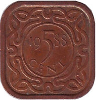 Монета 5 центов. 1988 год, Суринам.