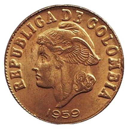 Монета 2 сентаво. 1959 год, Колумбия. aUNC. Монета 2 сентаво. 1959 год, Колумбия. aUNC.