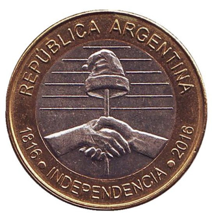 Монета 2 песо. 2016 год, Аргентина. Из обращения. 200-летие независимости Аргентины.