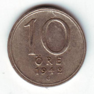 Монета 10 эре. 1942 год (тип 2), Швеция. Монета 10 эре. 1942 год (тип 2), Швеция.