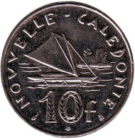 Монета 10 франков. 1999 год, Новая Каледония. Парусник. Монета 10 франков. 1999 год, Новая Каледония. Парусник.