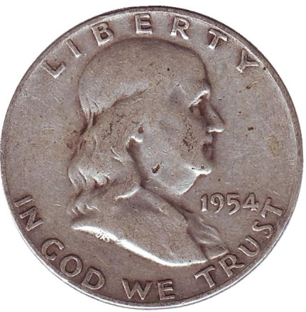 Монета 50 центов. 1954 год (D), США. Франклин.