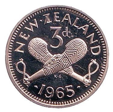 Монета 3 пенса. 1965 год, Новая Зеландия. Proof. Скрещенные вахаики.