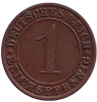 Монета 1 рейхспфенниг. 1929 год (D), Веймарская республика. Монета 1 рейхспфенниг. 1929 год (D), Веймарская республика.