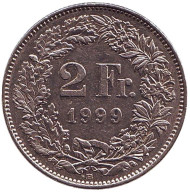 Монета 2 франка. 1999 год, Швейцария. Гельвеция. Монета 2 франка. 1999 год, Швейцария. Гельвеция.