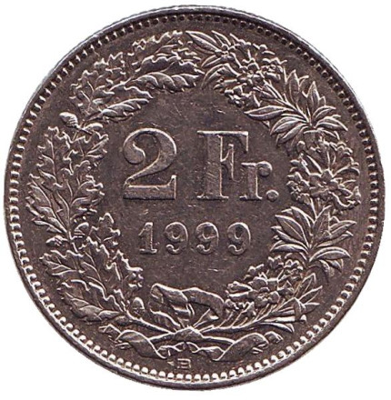 Монета 2 франка. 1999 год, Швейцария. Гельвеция.