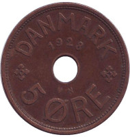 Монета 5 эре. 1928 год, Дания. Монета 5 эре. 1928 год, Дания.