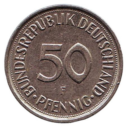 Монета 50 пфеннигов. 1990 год (F), ФРГ. Женщина, сажающая дуб. Монета 50 пфеннигов. 1990 год (F), ФРГ. Женщина, сажающая дуб.