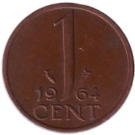 Монета 1 цент. 1964 год, Нидерланды.  Монета 1 цент. 1964 год, Нидерланды.