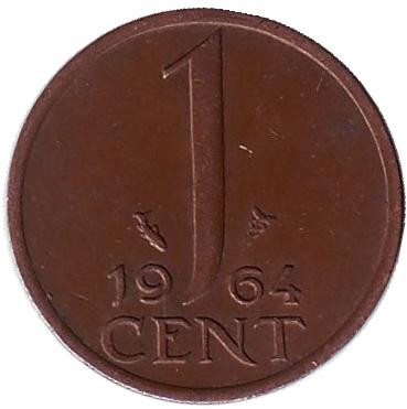 Монета 1 цент. 1964 год, Нидерланды. 