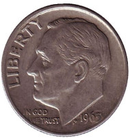 Монета 10 центов. 1965 год, США. Рузвельт. Монета 10 центов. 1965 год, США. Рузвельт.