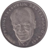 Монета 2 марки. 1994 год (G), ФРГ. Вилли Брандт. Монета 2 марки. 1994 год (G), ФРГ. Вилли Брандт.