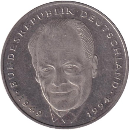 Монета 2 марки. 1994 год (G), ФРГ. Вилли Брандт.
