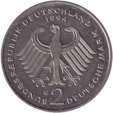 Монета 2 марки. 1994 год (G), ФРГ. Вилли Брандт. Монета 2 марки. 1994 год (G), ФРГ. Вилли Брандт.