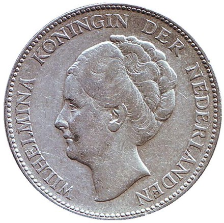 Монета 1 гульден. 1930 год, Нидерланды. Королева Вильгельмина. Монета 1 гульден. 1930 год, Нидерланды. Королева Вильгельмина.