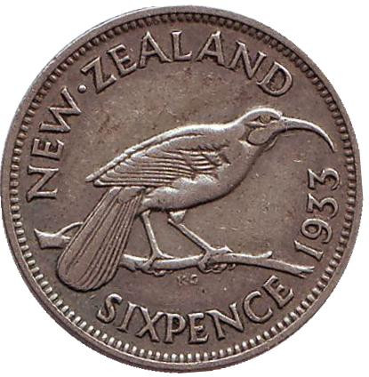 Монета 6 пенсов. 1933 год, Новая Зеландия. Гуйя.