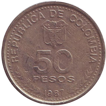 Монета 50 песо. 1987 год, Колумбия. 100-летие конституции.