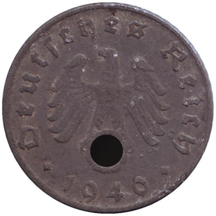 Монета 5 рейхспфеннигов. 1940 год, Германия (Третий Рейх). (D). Монета 5 рейхспфеннигов. 1940 год, Германия (Третий Рейх). (D).