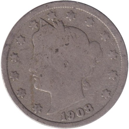 Монета 5 центов. 1908 год, США. Монета 5 центов. 1908 год, США.